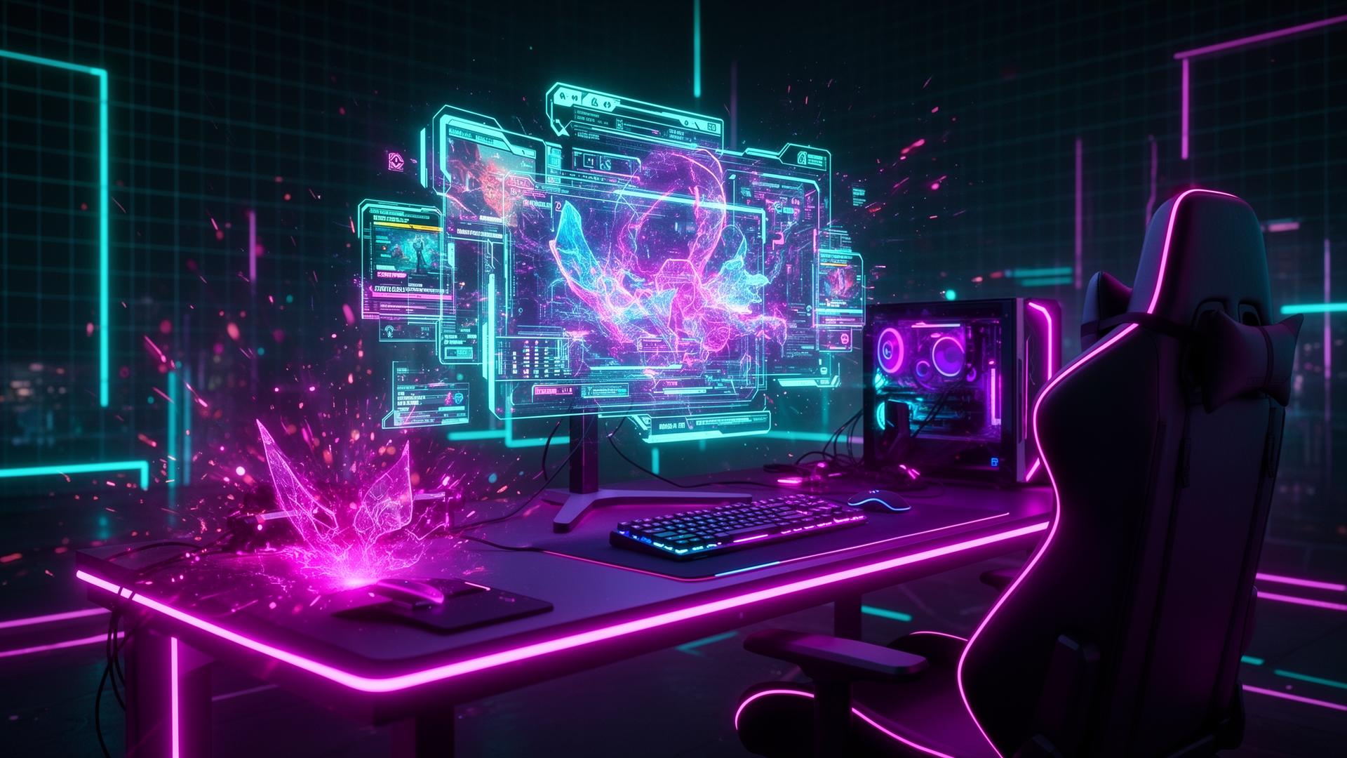Setup gamer com luzes neon e jogos online